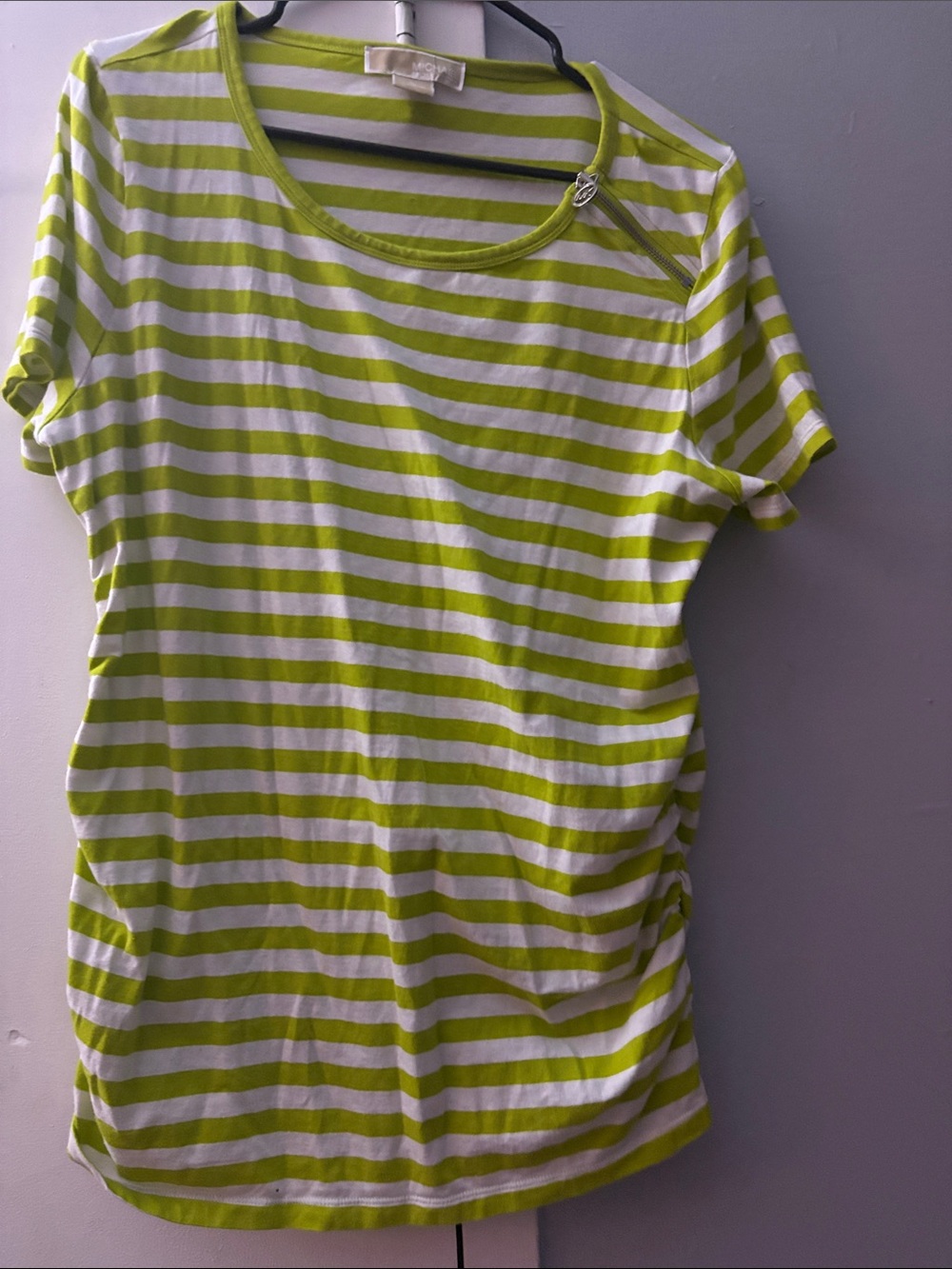 MICHAEL Michael Kors Lime Green and White Striped Scoop-Neck Tee